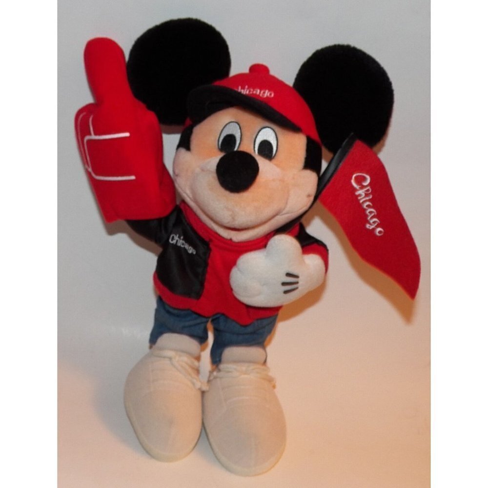 Chicago Mickey Mouse Plush 15" Disney Store Stuffed Animal Toy Sports Fan Flag